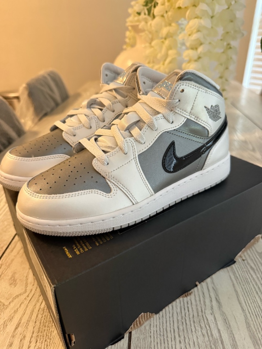 Jordan 1 White, Silver & Black Mid-Top Sneakers
